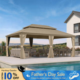 PURPLE LEAF Backyard Gazebo Champagne Hardtop Galvanized Steel Roof Awning and Upgrade Curtain