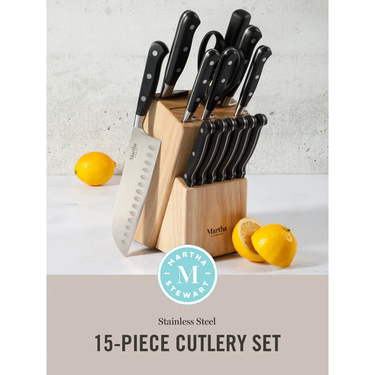 Martha Stewart Carverton 14 Piece High Carbon Stainless Steel Cutlery Kitchen Knife Block Set w/ABS Triple Riveted Forged Handle Wood Block - Black