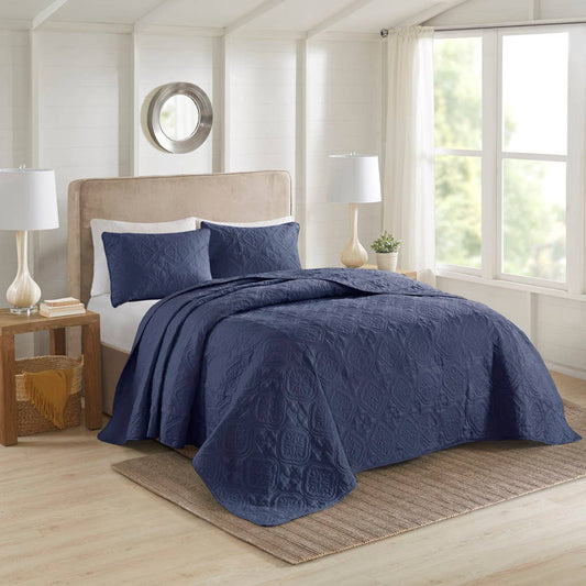 3 Piece Quilted Medallion Reversible Bedspread Set, Nav