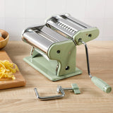 Sur La Table Kitchen Essential Va Bene Manual Pasta Maker Machine, Noodle Maker with Rollers and Cutters, Perfect for Spaghetti, Fettuccini, Lasagna or Dumpling Skin Silver, Stainless Steel/Juniper Green