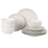 Gibson Elite Oyster Tide Embossed 12 Piece (Service for 4) Plates and Bowls Reactive Glaze Round Dishes Stoneware Ceramic Dinnerware Set