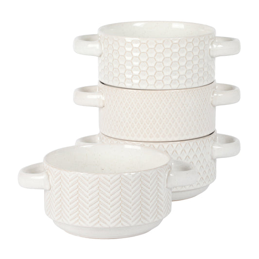 Gibson Elite Oyster Tide Embossed 6 Inch Soup Bowls with Handles. French Onion Soup Crocks, Stackable Soup Bowl, Chili, Beef Stew Reactive Glaze Stackable Ceramic Bowl, Set of 4, White