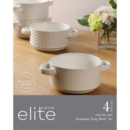Gibson Elite Oyster Tide Embossed 6 Inch Soup Bowls with Handles. French Onion Soup Crocks, Stackable Soup Bowl, Chili, Beef Stew Reactive Glaze Stackable Ceramic Bowl, Set of 4, White