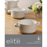 Gibson Elite Oyster Tide Embossed 6 Inch Soup Bowls with Handles. French Onion Soup Crocks, Stackable Soup Bowl, Chili, Beef Stew Reactive Glaze Stackable Ceramic Bowl, Set of 4, White