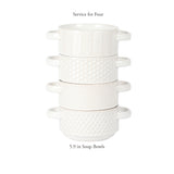 Gibson Elite Oyster Tide Embossed 6 Inch Soup Bowls with Handles. French Onion Soup Crocks, Stackable Soup Bowl, Chili, Beef Stew Reactive Glaze Stackable Ceramic Bowl, Set of 4, White