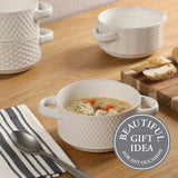 Gibson Elite Oyster Tide Embossed 6 Inch Soup Bowls with Handles. French Onion Soup Crocks, Stackable Soup Bowl, Chili, Beef Stew Reactive Glaze Stackable Ceramic Bowl, Set of 4, White