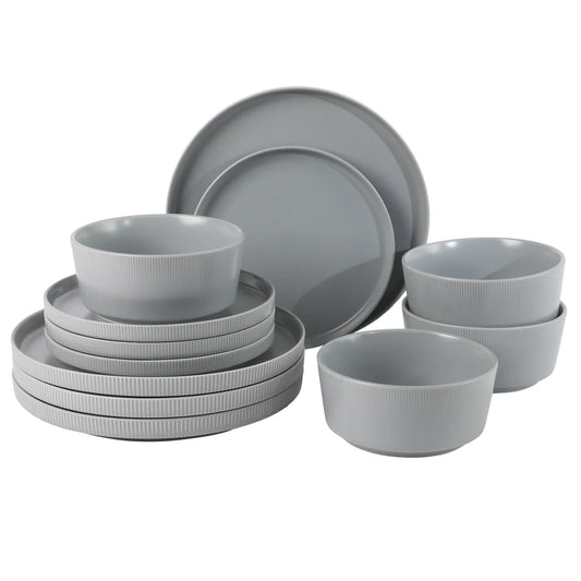 Gibson Home Dempsey Road 12-Piece Stoneware Dinnerware Set – Service for 4, Round Plates and Bowls, Durable Solid Color Modern Embossed Dish Set, Microwave & Dishwasher Safe