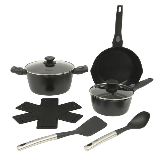 Oster SmartHandle Advance 13-Piece Nonstick Cookware Set – Matte Black Finish, Induction Base, Detachable Handles, Forged Aluminum, Oven & Dishwasher Safe, With Utensils & Pan Protectors