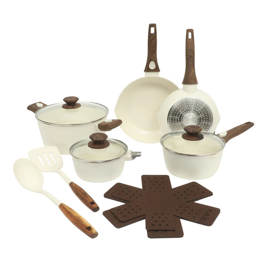 Oster SmartHandle Advance 18-Piece Ceramic Nonstick Cookware Set – Matte Linen Finish, Induction Base, Detachable Wood-Look Handles, Oven & Dishwasher Safe Pots and Pans, With Utensils & Pan Protectors