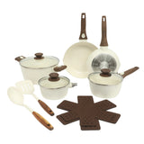Oster SmartHandle Advance 18-Piece Ceramic Nonstick Cookware Set – Matte Linen Finish, Induction Base, Detachable Wood-Look Handles, Oven & Dishwasher Safe Pots and Pans, With Utensils & Pan Protectors
