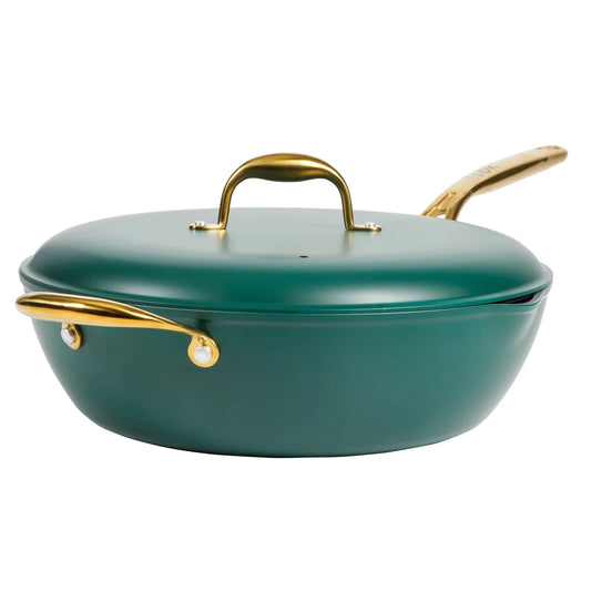 Frok 13" Frying Pan Wok Skillet 4MM Thick Quick Heat Aluminum Cookware W/ Aluminum Lid Set W/ Premium PFA Free Ceramic Nonstick Interior & Heat Resistant Exterior - Induction