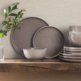 Gibson Elite Eden Rock 12-Piece (Service for 4) Plates and Bowls reactive Glaze Round Dishes Stoneware Ceramic Dinnerware Set - Matte Brown