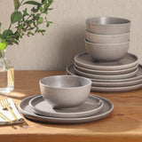 Gibson Elite Eden Rock 12-Piece (Service for 4) Plates and Bowls reactive Glaze Round Dishes Stoneware Ceramic Dinnerware Set - Matte Brown