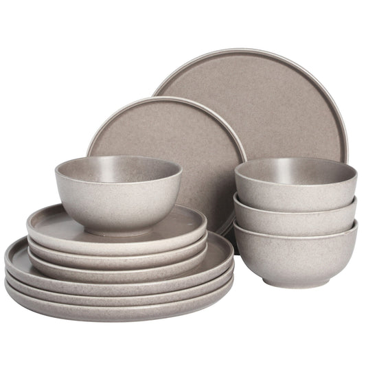 Gibson Elite Eden Rock 12-Piece (Service for 4) Plates and Bowls reactive Glaze Round Dishes Stoneware Ceramic Dinnerware Set - Matte Brown
