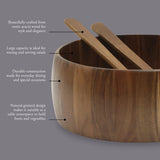 Gibson Home Laurelton 3 Piece Large 13" Acacia Wood Salad Serving Bowl Set w/ 2 Serving Tools