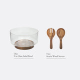 Gibson Elite Wildgreens Large Glass Salad Bowl Set with Acacia Serving Utensils