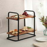 Gibson Home Gracious Dining 2-Tier Wooden Serving Tray with Metal Frame – Acacia Wood Rectangle Charcuterie Board, Cheese Platter, Dessert Display Stand for Buffet, Kitchen, Dining, or Events