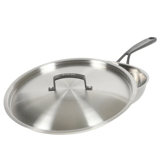 Babish 12-Inch Tri-Ply Stainless Steel Frying Pan with Lid & Black Handle – Professional Grade Skillet for Searing, Sautéing & Even Heat Cooking