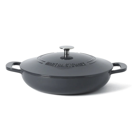 Martha Stewart Gatwick Enameled Cast Iron Braiser with Lid, 3.5-Quart Braiser Pan for Stovetop & Oven, Cast Iron Braising Pan with Gold Knob