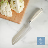 Sur La Table Kitchen Essentials Tasting Kitchen German Steel Santoku Knife, 7-Inch Stainless Steel Blade – Professional Kitchen Knife with White Handle and Forged Full Tang