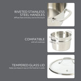 Sur La Table Kitchen Essentials Chef's Deck 3-Piece 5.3-Quart Stainless Steel Dutch Oven with Steamer Insert & Glass Lid – Induction Ready, Tri-Ply Base, Polished Finish & Hollow Stay-Cool Handles