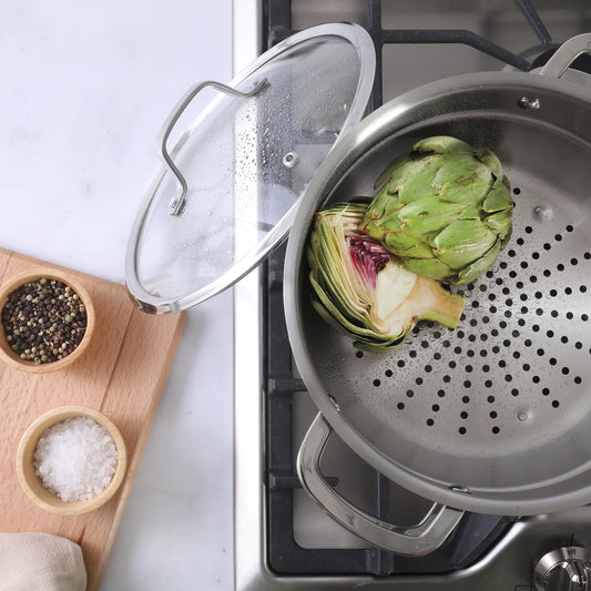 Sur La Table Kitchen Essentials Chef's Deck 3-Piece 5.3-Quart Stainless Steel Dutch Oven with Steamer Insert & Glass Lid – Induction Ready, Tri-Ply Base, Polished Finish & Hollow Stay-Cool Handles
