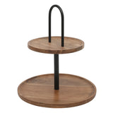 Gibson Home Gracious Dining 2-Tier Round Acacia Wood Serving Tray – Rustic Charcuterie Board Stand with Black Iron Handle – Tiered Party Platter, Dessert Display or Lazy Susan for Entertaining