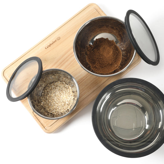 Calphalon Orbit 3 Piece Mixing Bowl Set W/ Glass Lids and Sillicone Nonslip Base