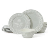 Martha Stewart Maiden Crown 12-Piece Dinnerware Set – Vegan Bone China Ceramic Plates & Bowls – Floral Design – Service for 4 – Dishwasher & Microwave Safe