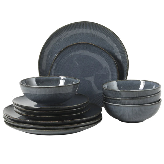 Gibson Elite Sandy Pines Stoneware Plates and Bowls Set - 12 Piece Reactive Glaze Dinnerware Set - Service for 4 - Dishwasher and Microwave Safe