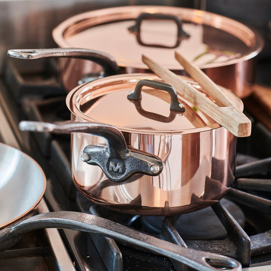 Mauviel M'Heritage M'150 CI Copper Sauce Pan with Lid 2.8-Qt and Frying Pan 11.8-In, Cast Iron Handles