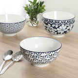 Gibson Home Castle Way 4-Piece Serving Bowl Set, 8 Inch Round Stoneware Bowls, Blue & White Assorted Pattern, Decorative Everyday Use