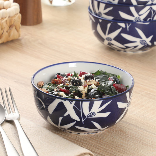 Gibson Home Ivory Estate 4-Piece Cereal Bowl Set, 5.5 Inch Round Stoneware Bowls, Blue & White Floral Pattern, Assorted Decorative Designs
