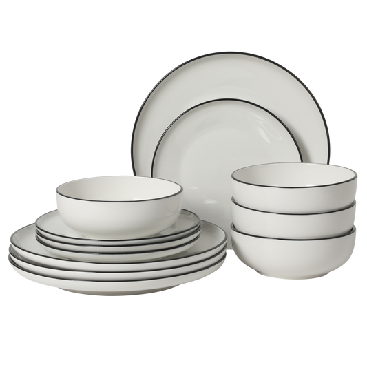 Gibson Home Hometown Diner 12-Piece Porcelain Dinnerware Set, Round Plates and Bowls Set for 4, Dishwasher Safe – Dinner Plate, Salad Plate & Cereal Bowl