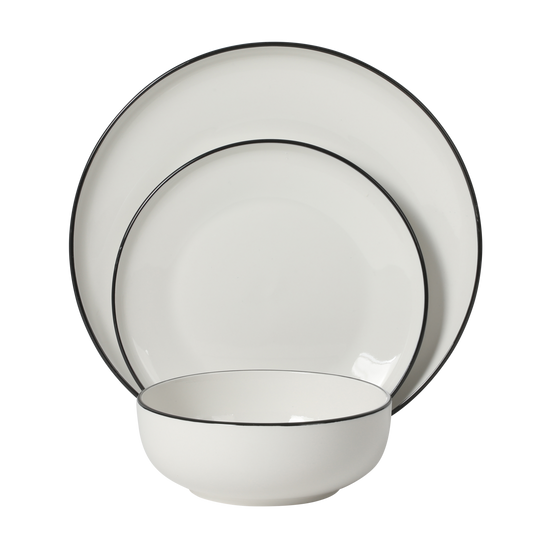 Gibson Home Havenstone 12-Piece Porcelain Dinnerware Set – Dinner Plates, Salad Plates & Bowls, Classic White With Black Rim Everyday Dish Set for Home, Kitchen, Microwave & Dishwasher Safe