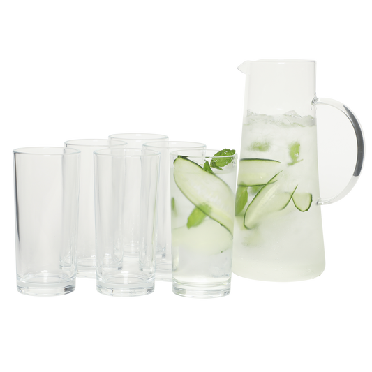 Gibson Home Boozy Brunch 7 Piece Glass Pitcher & Tumbler Set – 1.5L Pitcher with Six 13–14oz Tumblers, Everyday Beverage & Entertaining Drinkware Set, Dishwasher Safe