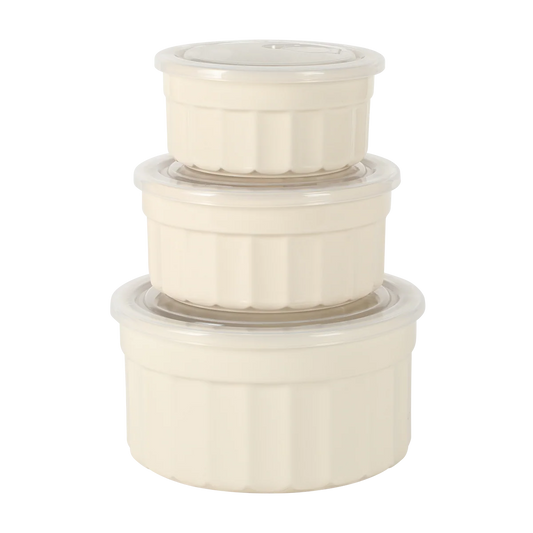 Martha Stewart Broadbrook 6 Piece Stoneware Meal Prep Container Set with Lids, Rectangular/Round Food Storage & Bakeware, Cream, Oven, Microwave & Dishwasher Safe