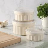 Martha Stewart Broadbrook 6 Piece Stoneware Meal Prep Container Set with Lids, Rectangular/Round Food Storage & Bakeware, Cream, Oven, Microwave & Dishwasher Safe