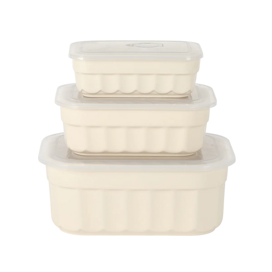 Martha Stewart Broadbrook 6 Piece Stoneware Meal Prep Container Set with Lids, Rectangular/Round Food Storage & Bakeware, Cream, Oven, Microwave & Dishwasher Safe