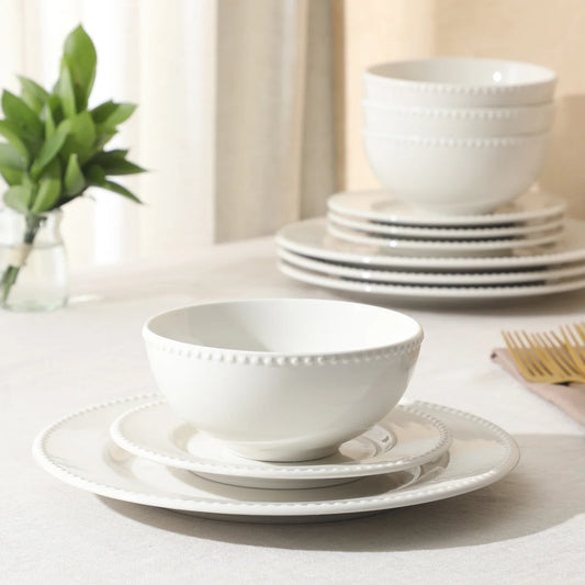 Gibson Home Caviara Plates and Bowls Set, 12-Piece Dinnerware Set, White Round Beaded Rim Porcelain Dish Set, Dinner Plates, Salad Plates & Cereal Bowls