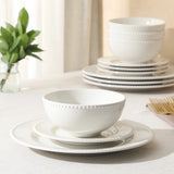 Gibson Home Caviara Plates and Bowls Set, 12-Piece Dinnerware Set, White Round Beaded Rim Porcelain Dish Set, Dinner Plates, Salad Plates & Cereal Bowls