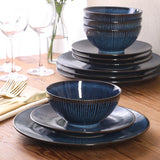 Gibson Elite Midnight Luna Plates and Bowls Sets, 12-Piece Stoneware Dinnerware Sets, Reactive Glaze Dish Set - Blue