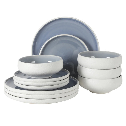 Gibson Elite Pacifco Beach Plates and Bowls Sets, 12-Piece Stoneware Dinnerware Sets, Reactive Glaze Dish Set, Service for 4