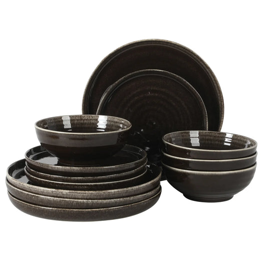 Gibson Elite Eclipse Swirls Plates and Bowls Sets, 12-Piece Stoneware Dinnerware Sets, Reactive Glaze Dish Set