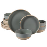 Gibson Home Plates and Bowls Set, 12 Piece Stoneware Dinnerware Set for 4, Matte Two-Tone Glaze, Dishwasher & Microwave Safe, Green