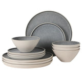 Gibson Elite Coastal Forest Plates and Bowls Sets, 12-Piece Stoneware Dinnerware Sets, Triple Reactive Glaze Dish Set - Grey and Cream White