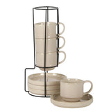 Gibson Elite Sunrise Hills 9-Piece Stackable Stoneware Cup and Saucer Set with Metal Rack, 6 oz, Service for 4, Dishwasher Safe