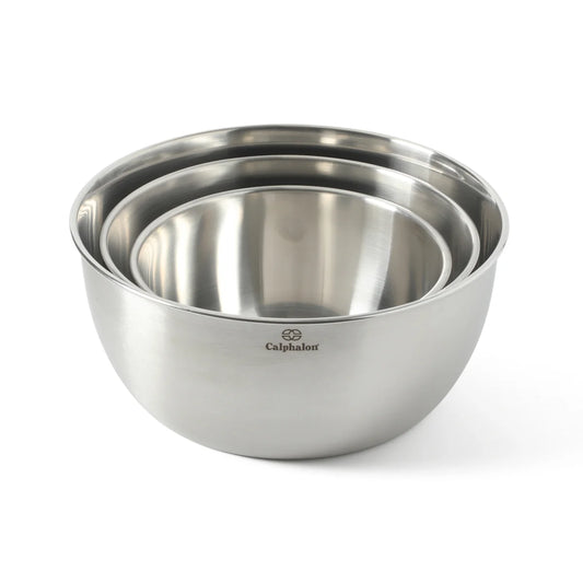 Calphalon Astro Mixing Bowls, 3-Piece Stainless Steel Mixing Bowl Set with Matte Finish, Nesting Metal Mixing Bowls for Baking and Prep, Silver