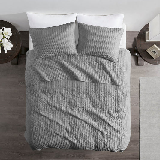 Farmhouse Solid Grey Soft Cotton Reversible Quilt Set
