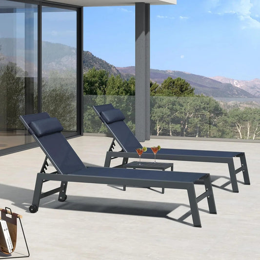 PURPLE LEAF Outdoor Lounge Chair Patio Chaise Pool Lounger Aluminum Frame with Side Table and Wheels for Outside Sunbathing Tanning Recliner Including Pillows
